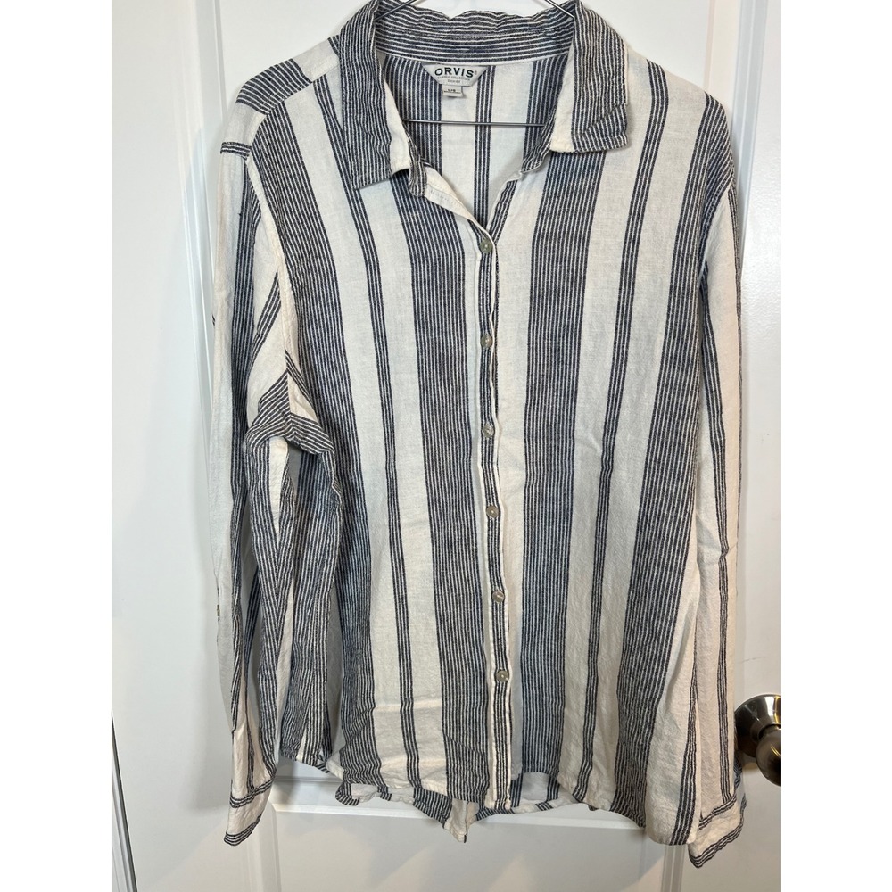 Orvis Women Button Down Shirt Striped Long Sleeve White Blue Size Large